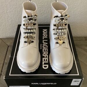 Karl Lagerfeld White Winter Boots with Gold Accents